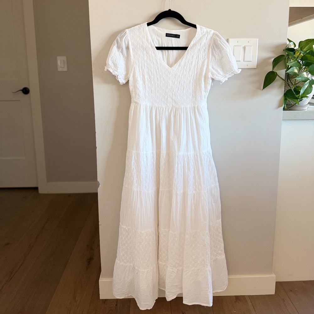 Mikarose 100% Cotton White V-Neck Tiered Maxi Dress